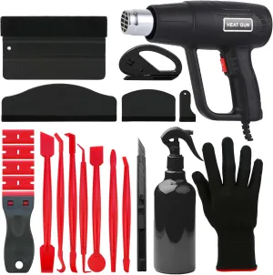 2000w Heat Gun, Car Vinyl Wrap Kit, Solar Film Instal Tool, Window Tint Bulk, Fast Heating Hot Air Gun, Scraper, Spray Bottle, Gloves, Cutter, Knife, Squeegee, Auto Trimmer Stick, Black & Red, 21 in 1