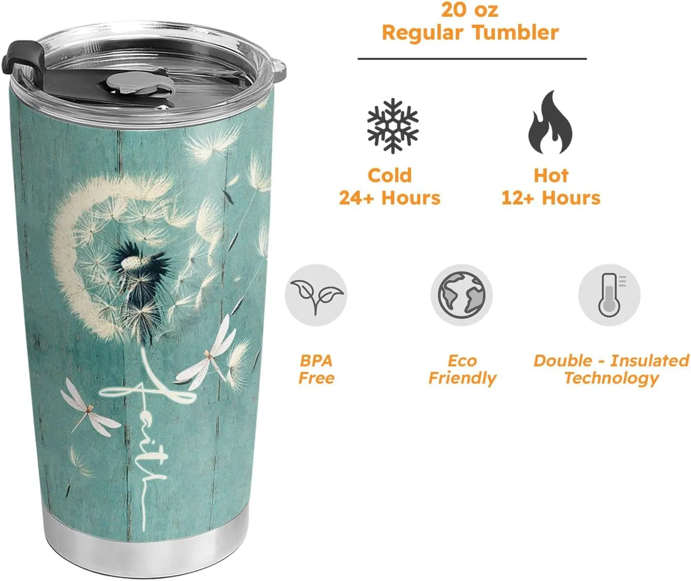 20oz Faith Dandelion Dragonfly Tumbler Cup, Insulated Travel Cup with Lid, Coffee Thermos for Women, Gifts for Women, Birthday Gifts for Mom, Daughter, Sister, Friends, Girlfriends, Coworker
