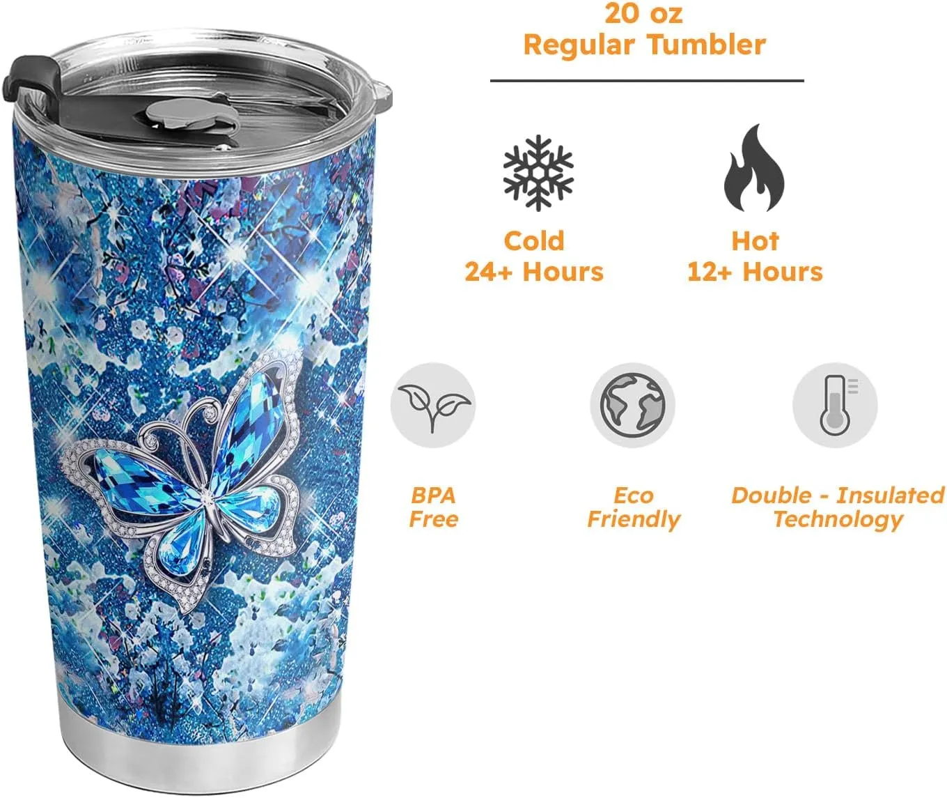20oz Printed Blue Jewelry Crystal Butterfly Tumbler, Gifts for Butterfly Lovers, Coffee Thermos for Women, Stainless Steel Double Wall Vacuum Insulated Coffee Mug, Travel Cup with Lid
