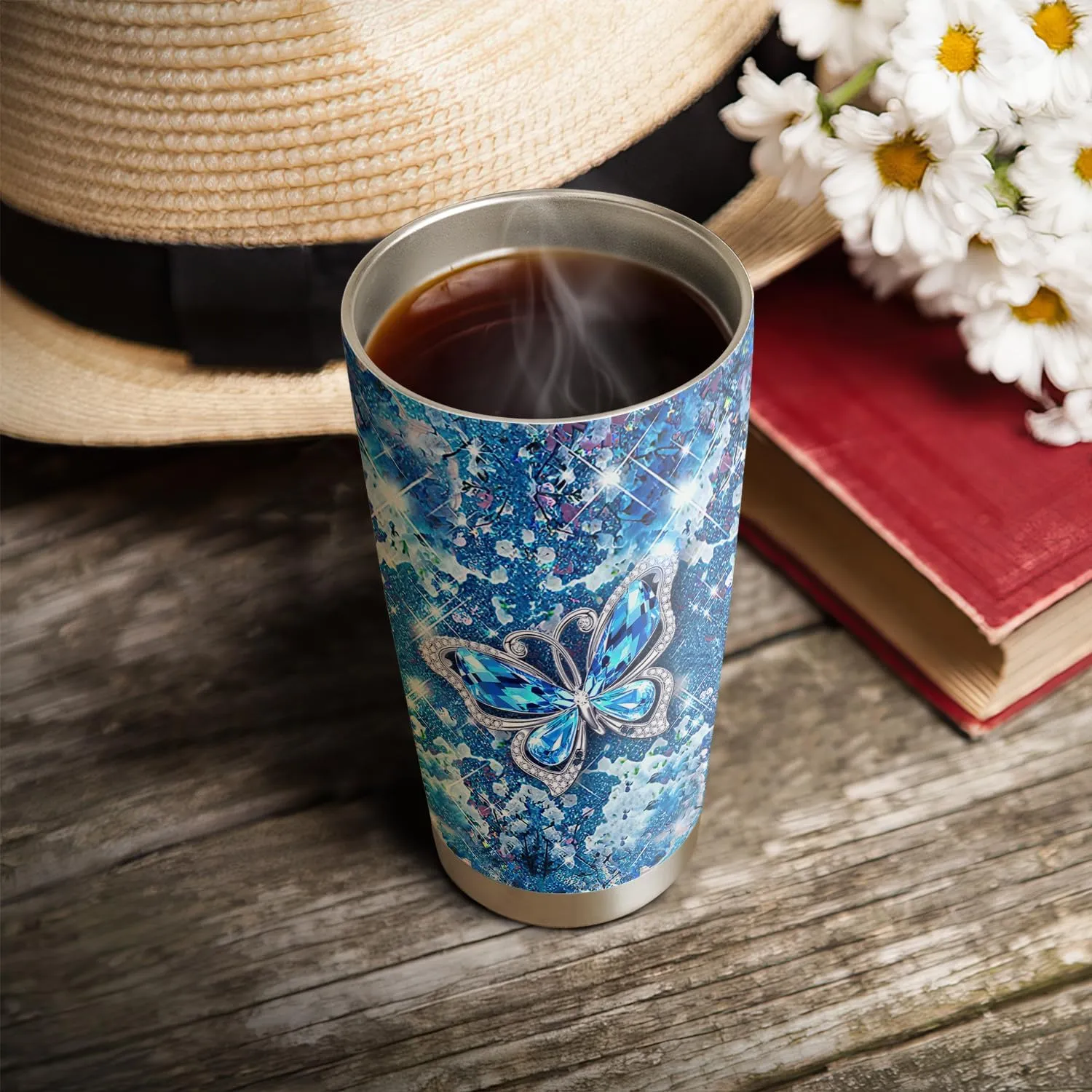 20oz Printed Blue Jewelry Crystal Butterfly Tumbler, Gifts for Butterfly Lovers, Coffee Thermos for Women, Stainless Steel Double Wall Vacuum Insulated Coffee Mug, Travel Cup with Lid