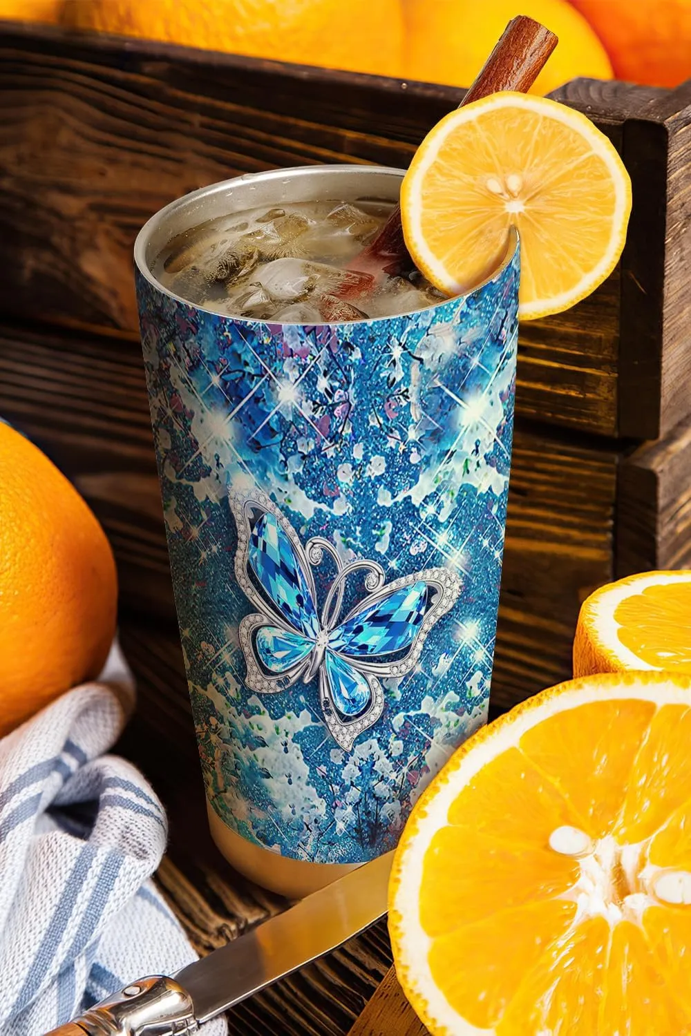 20oz Printed Blue Jewelry Crystal Butterfly Tumbler, Gifts for Butterfly Lovers, Coffee Thermos for Women, Stainless Steel Double Wall Vacuum Insulated Coffee Mug, Travel Cup with Lid