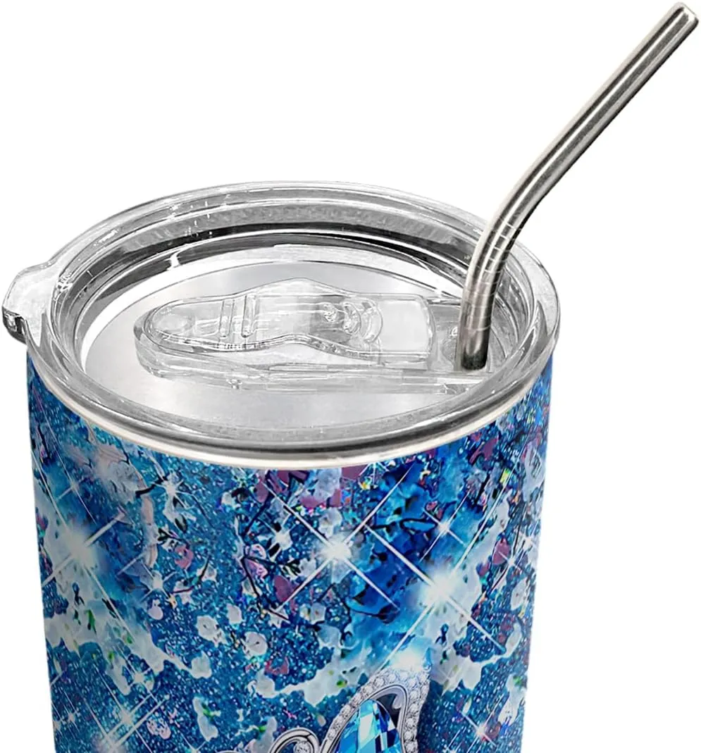 20oz Printed Blue Jewelry Crystal Butterfly Tumbler, Gifts for Butterfly Lovers, Coffee Thermos for Women, Stainless Steel Double Wall Vacuum Insulated Coffee Mug, Travel Cup with Lid