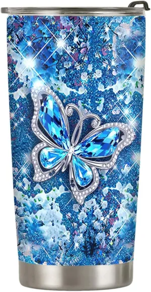 20oz Printed Blue Jewelry Crystal Butterfly Tumbler, Gifts for Butterfly Lovers, Coffee Thermos for Women, Stainless Steel Double Wall Vacuum Insulated Coffee Mug, Travel Cup with Lid