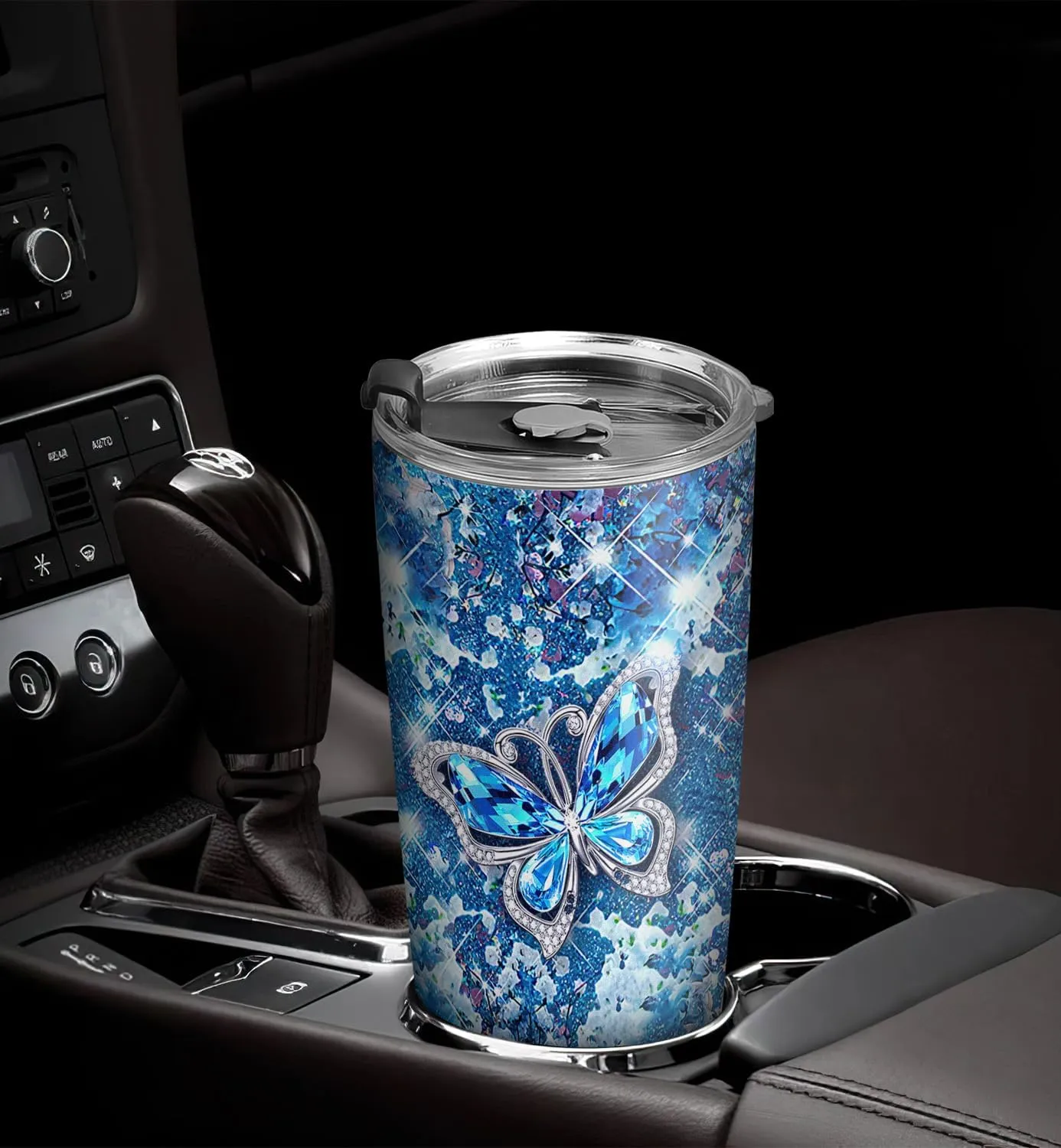 20oz Printed Blue Jewelry Crystal Butterfly Tumbler, Gifts for Butterfly Lovers, Coffee Thermos for Women, Stainless Steel Double Wall Vacuum Insulated Coffee Mug, Travel Cup with Lid