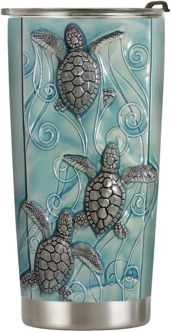 20oz Printed Ceramic Sea Turtle Tumbler, Beach, Ocean Gifts for Turtle Lovers, Coffee Thermos for Women, Men, Stainless Steel Double Wall Vacuum Insulated Coffee Mug, Travel Cup with Lid