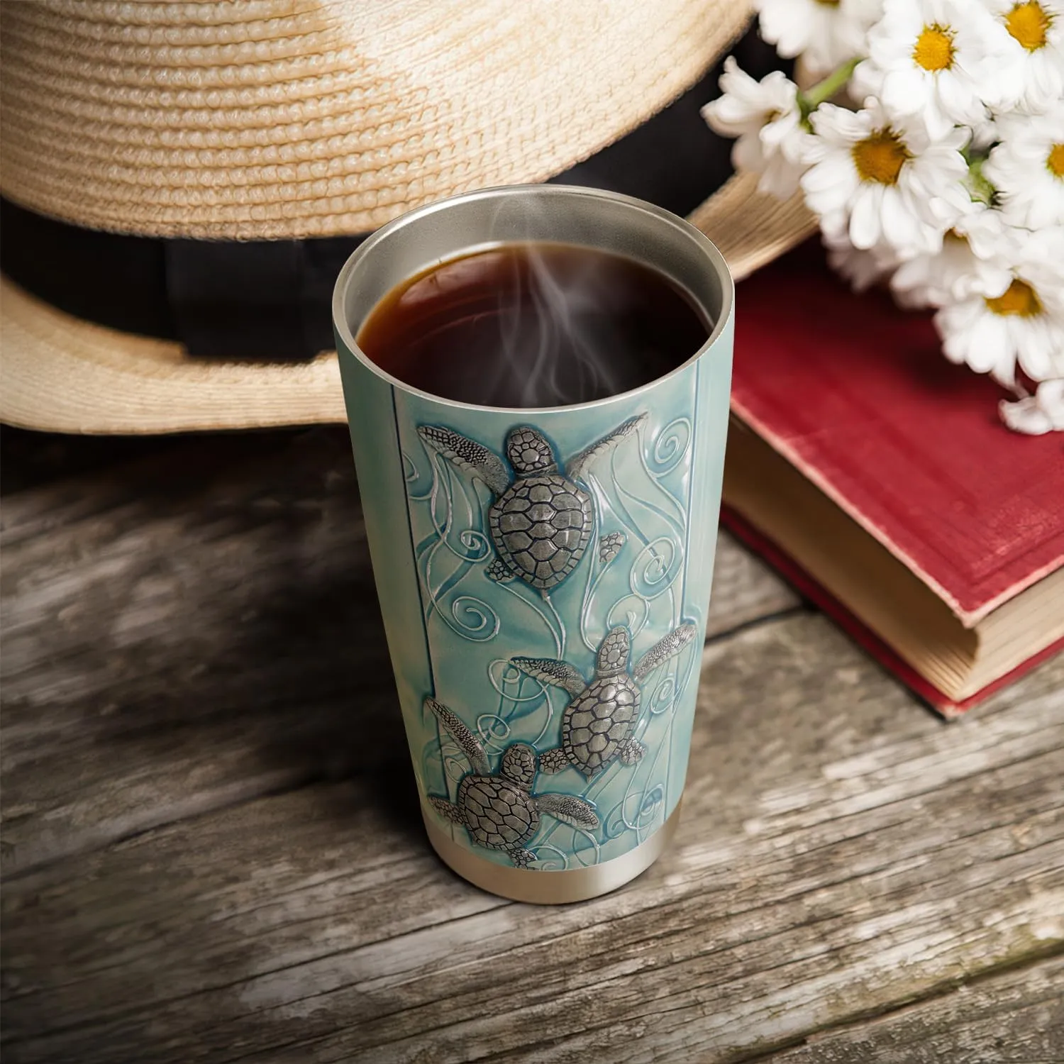 20oz Printed Ceramic Sea Turtle Tumbler, Beach, Ocean Gifts for Turtle Lovers, Coffee Thermos for Women, Men, Stainless Steel Double Wall Vacuum Insulated Coffee Mug, Travel Cup with Lid