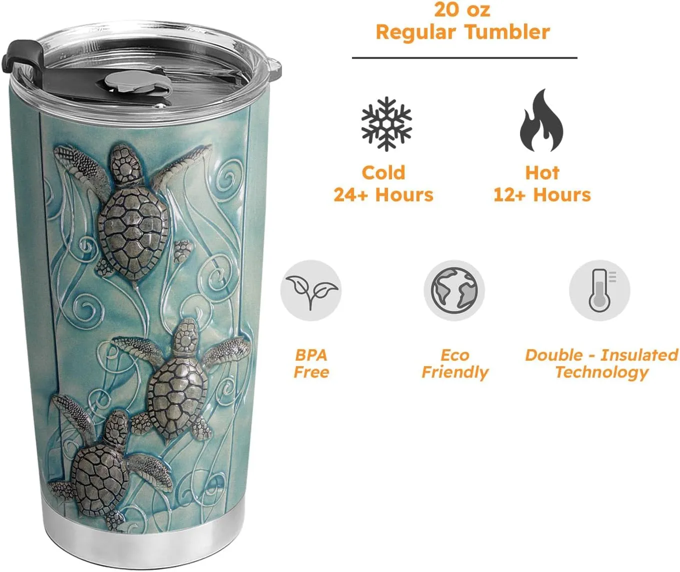 20oz Printed Ceramic Sea Turtle Tumbler, Beach, Ocean Gifts for Turtle Lovers, Coffee Thermos for Women, Men, Stainless Steel Double Wall Vacuum Insulated Coffee Mug, Travel Cup with Lid