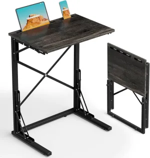 21''Wx28''H Folding TV Tray, Small Foldable C-Shaped End Table for Eating with Tablet and Phone Slots, Slide Under Couch Side Table for Recliner, Living Room, Bedroom, Greige