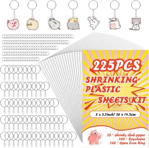 225PCS Shrinky Dink Sheets Keychains Kit,Shrink Plastic Sheets Kit with 25PCS Shrinky Dink Paper,100PCS Keychains and Open Iron Ring for Kids Creative Craft Marking,Handprint(8x5.7inch/20x14.5cm)