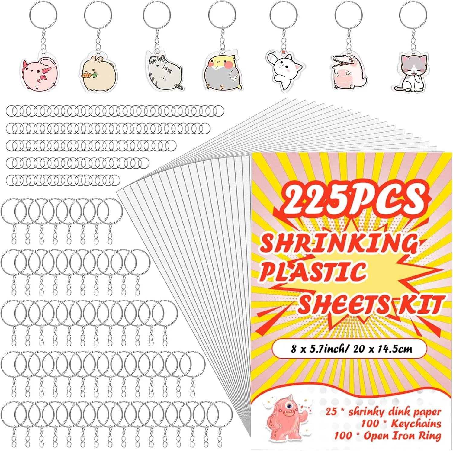 225PCS Shrinky Dink Sheets Keychains Kit,Shrink Plastic Sheets Kit with 25PCS Shrinky Dink Paper,100PCS Keychains and Open Iron Ring for Kids Creative Craft Marking,Handprint(8x5.7inch/20x14.5cm)