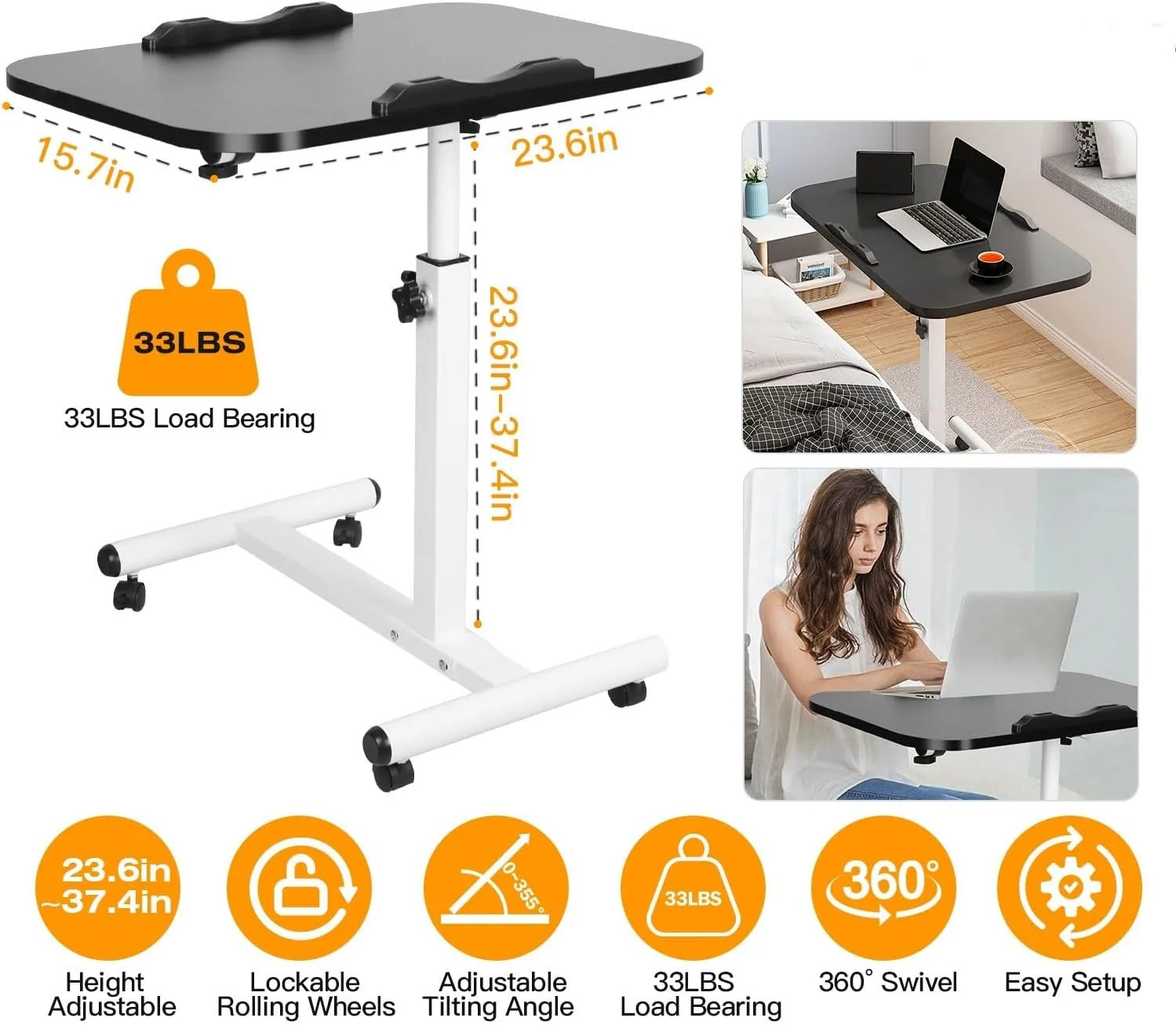 23.6 Inch Mobile Standing Desk, Height Adjustable Rolling Laptop Table, Tiltable Overbed Bedside Table, Portable Computer Cart with Wheels, Foldable for Home Office (Black)