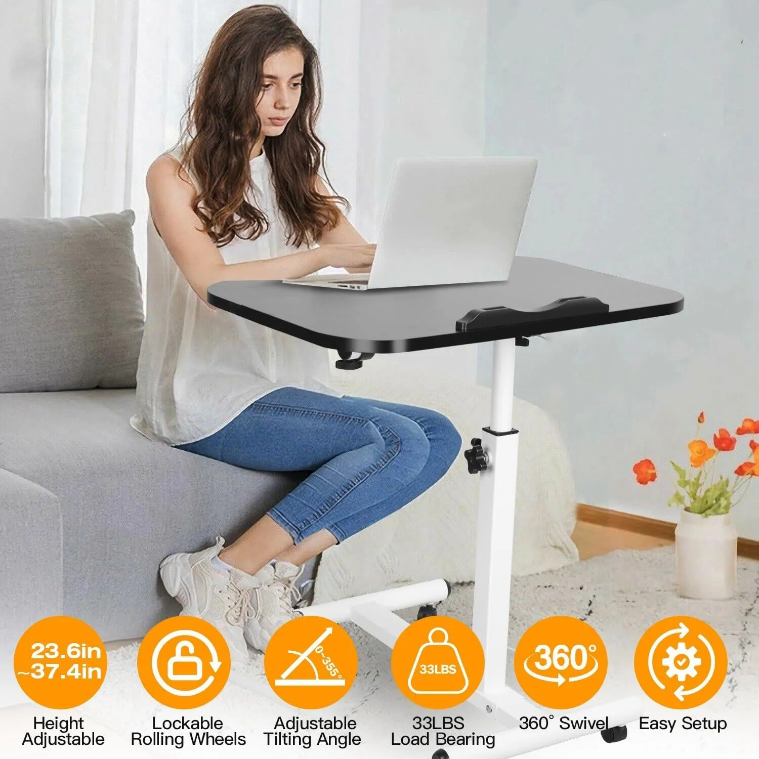 23.6 Inch Mobile Standing Desk, Height Adjustable Rolling Laptop Table, Tiltable Overbed Bedside Table, Portable Computer Cart with Wheels, Foldable for Home Office (Black)