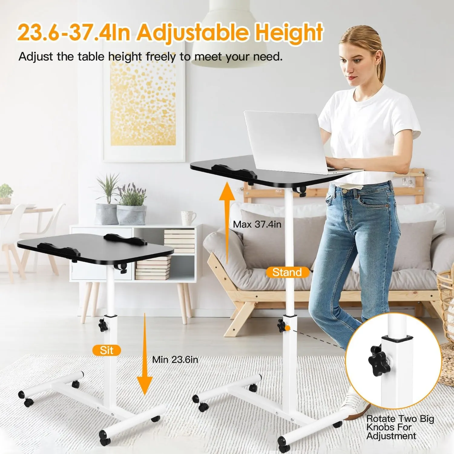 23.6 Inch Mobile Standing Desk, Height Adjustable Rolling Laptop Table, Tiltable Overbed Bedside Table, Portable Computer Cart with Wheels, Foldable for Home Office (Black)
