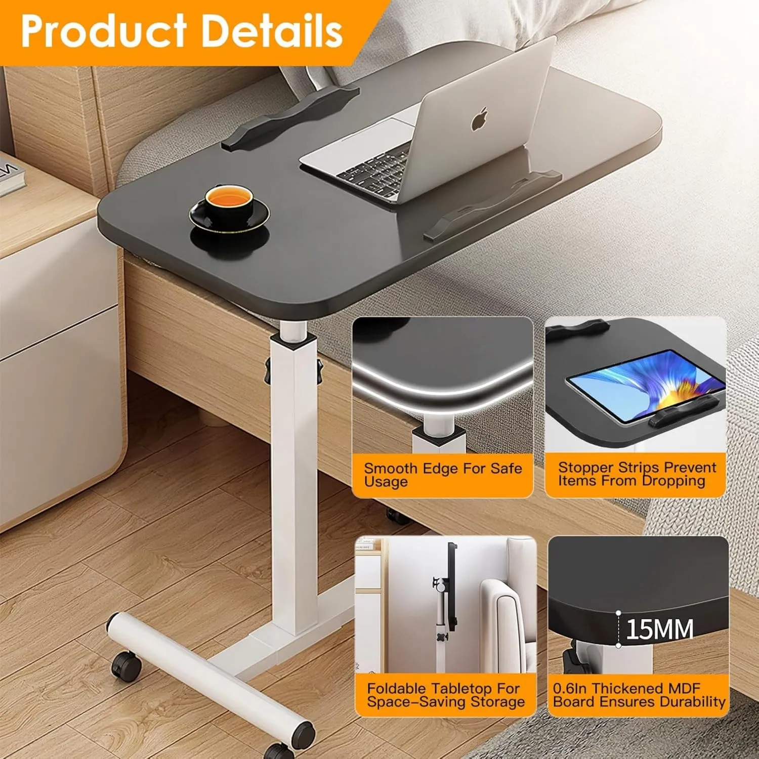 23.6 Inch Mobile Standing Desk, Height Adjustable Rolling Laptop Table, Tiltable Overbed Bedside Table, Portable Computer Cart with Wheels, Foldable for Home Office (Black)