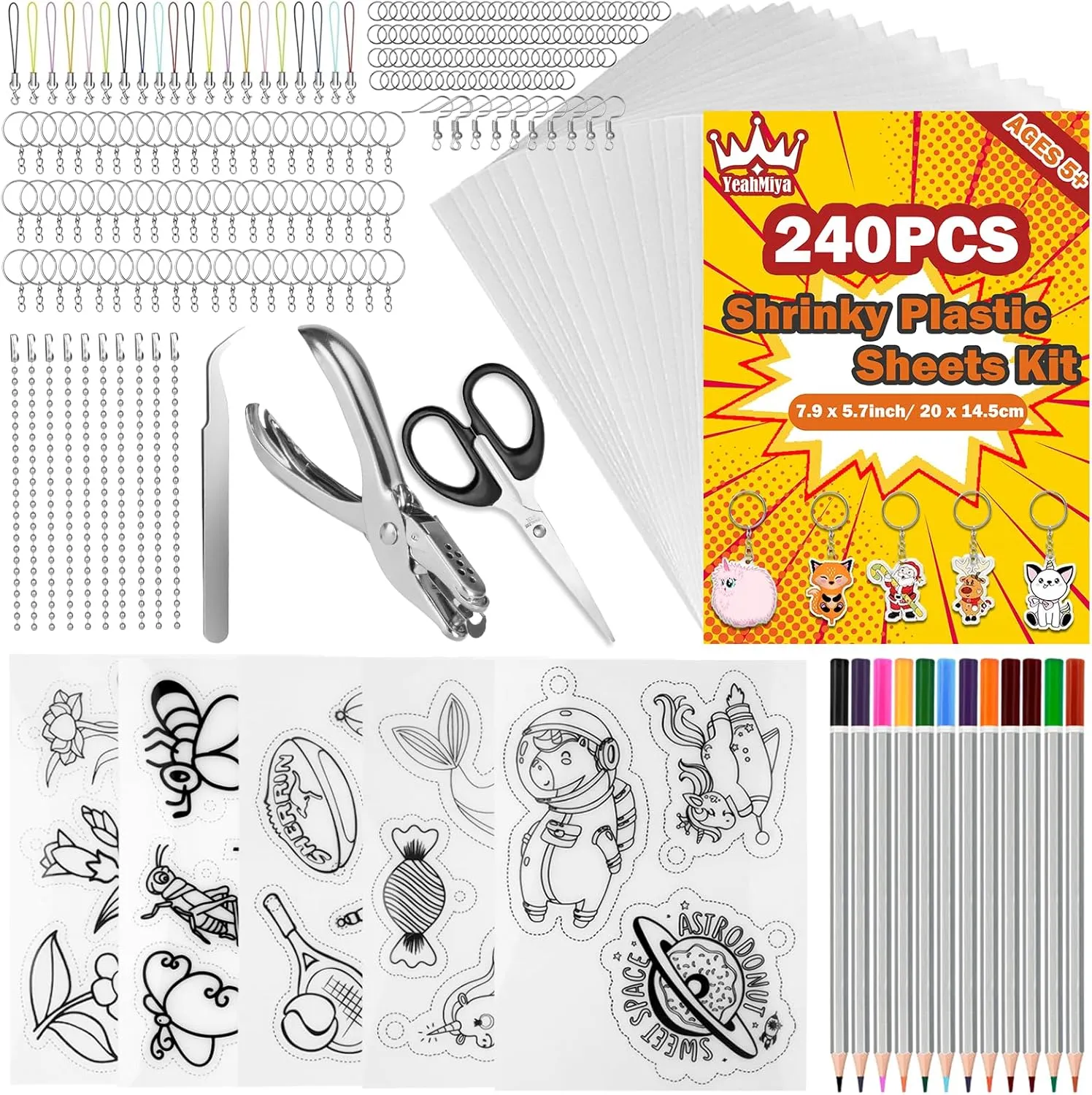 240PCS Shrinky Dink Sheets Kit, Shrink Plastic Shrinky Dink Keychain Kit with 25PCS Shrinky Dink Paper Accessory, Shrinky Art Shrink Plastic Sheets Shrink Film Sheets Kit for DIY/Ring/Crafts/Keychain