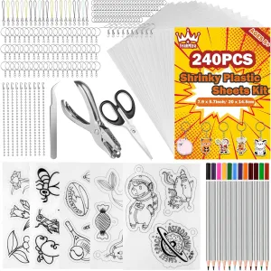 240PCS Shrinky Dink Sheets Kit, Shrink Plastic Shrinky Dink Keychain Kit with 25PCS Shrinky Dink Paper Accessory, Shrinky Art Shrink Plastic Sheets Shrink Film Sheets Kit for DIY/Ring/Crafts/Keychain