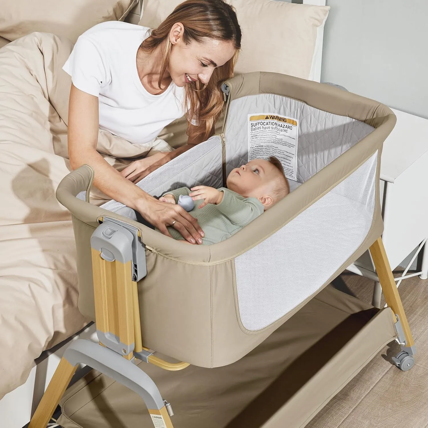 3 in 1 Baby Bassinet, Rocking Bassinets with Comfy Mattress and Wheels, Adjustable Height Bassinet Bedside Sleeper, Easy Folding Portable Crib for Newborn (Khaki)