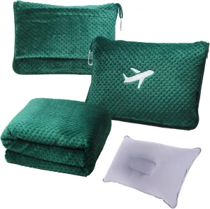 3 in 1 Travel Blanket Pillow Set - 350 GSM Thick Travel Blanket Airplane Compact with Bag, Soft Bag with a Pocket, Inflatable Travel Pillow for Camping & Car Trip (Dark Green)