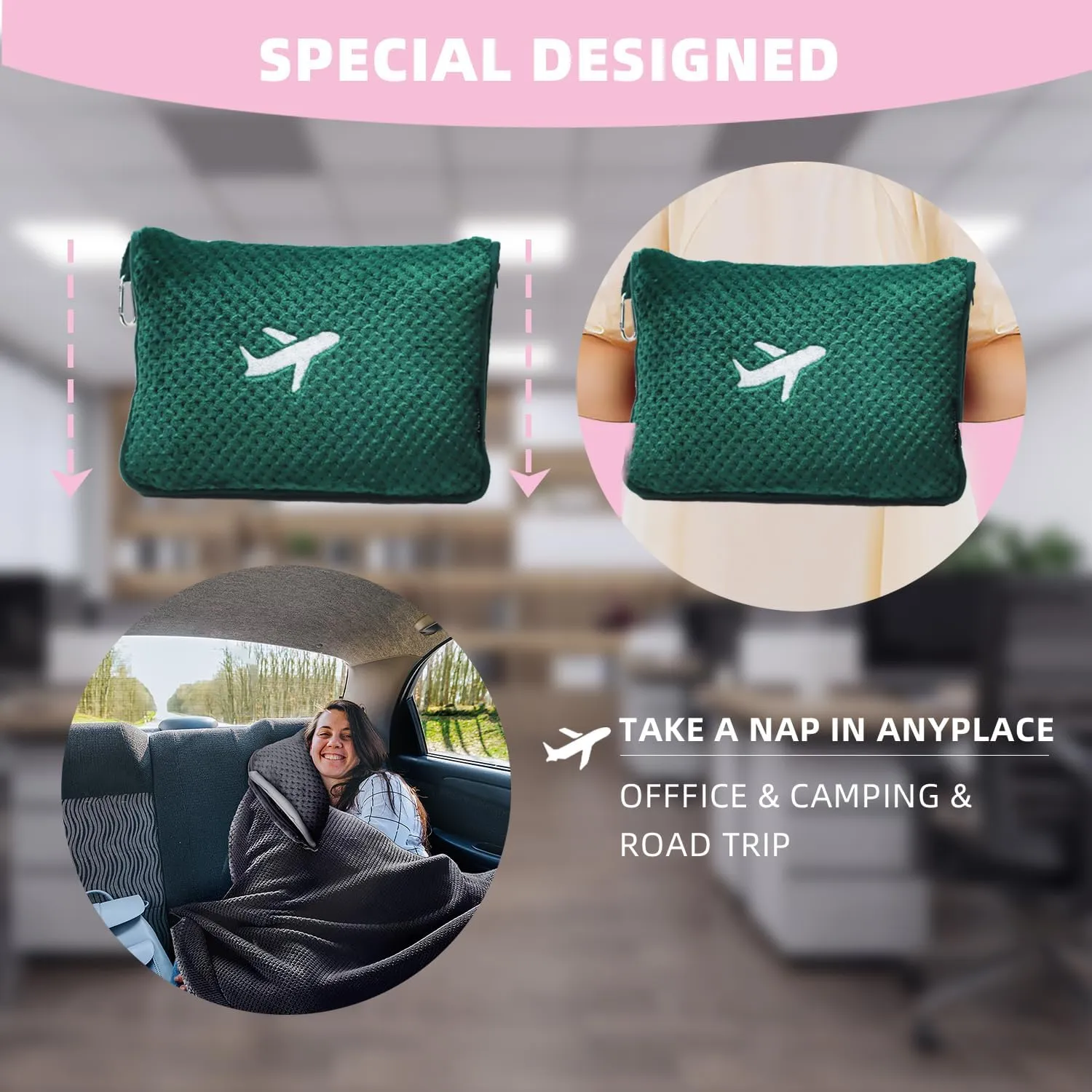 3 in 1 Travel Blanket Pillow Set - 350 GSM Thick Travel Blanket Airplane Compact with Bag, Soft Bag with a Pocket, Inflatable Travel Pillow for Camping & Car Trip (Dark Green)