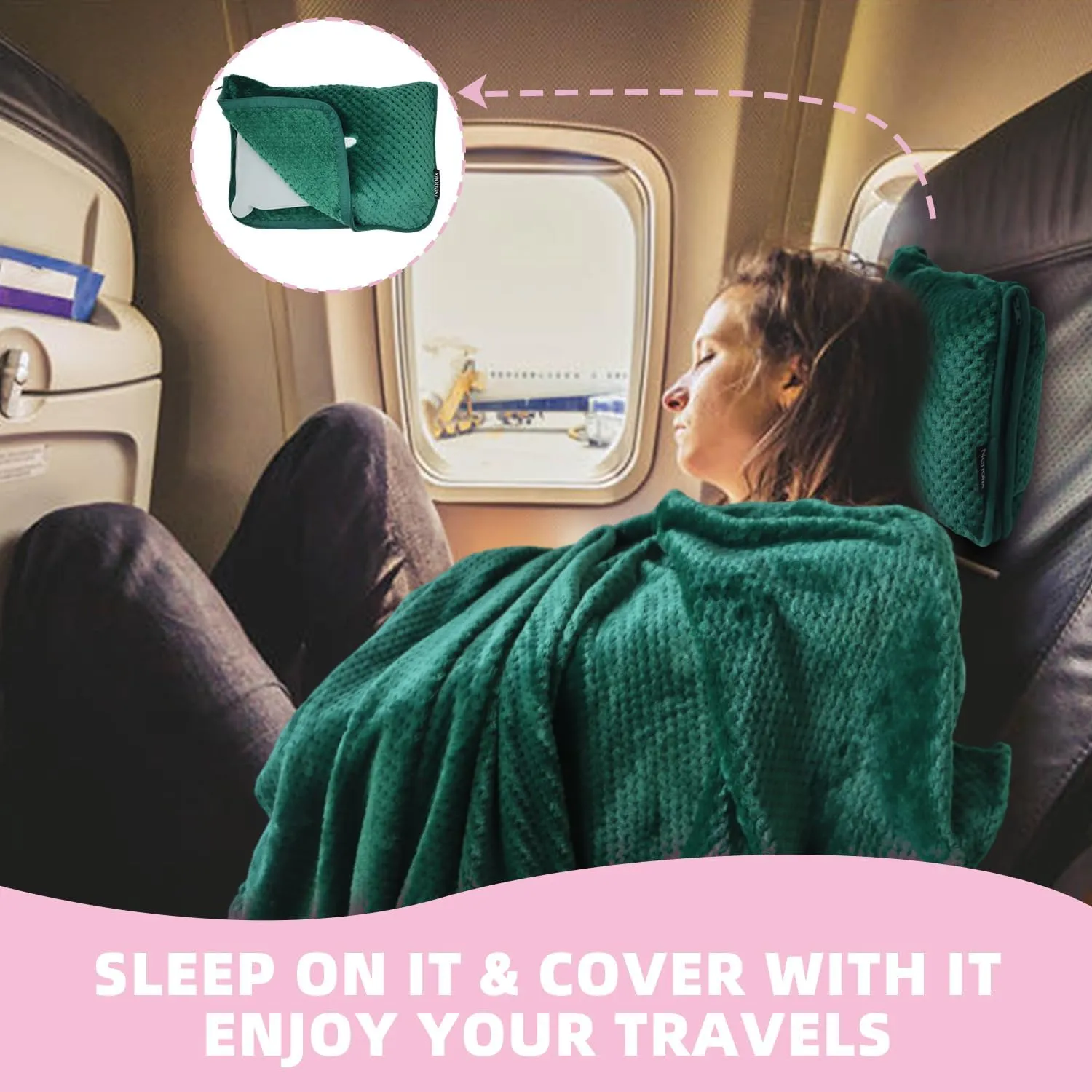 3 in 1 Travel Blanket Pillow Set - 350 GSM Thick Travel Blanket Airplane Compact with Bag, Soft Bag with a Pocket, Inflatable Travel Pillow for Camping & Car Trip (Dark Green)