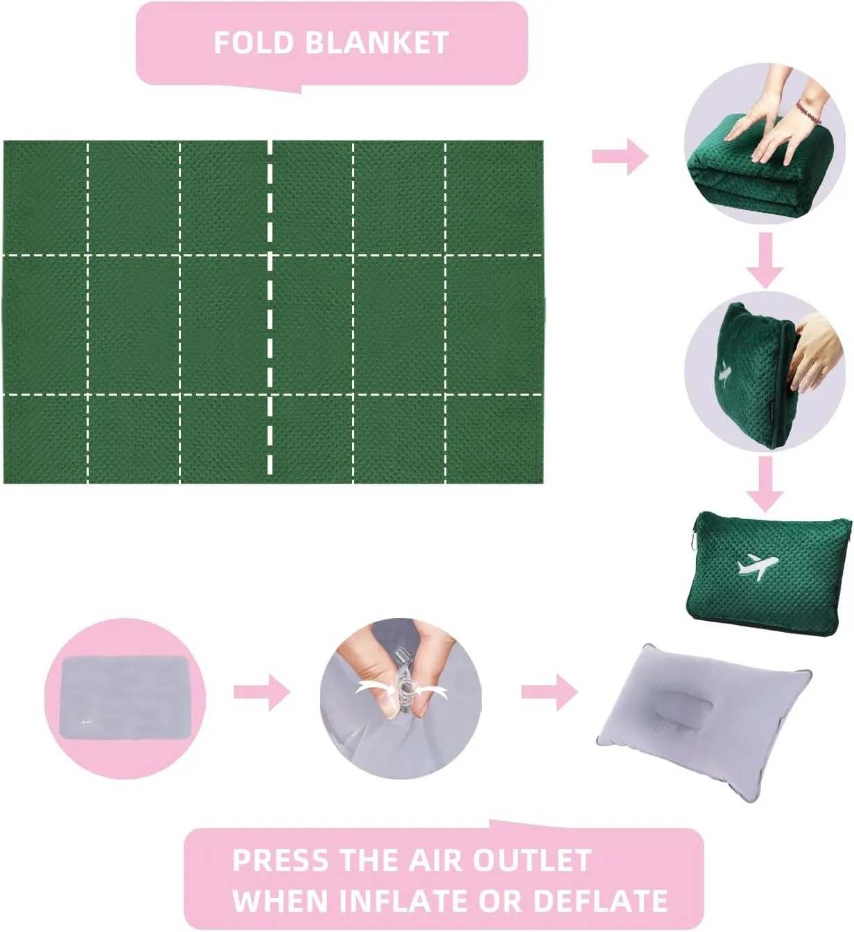 3 in 1 Travel Blanket Pillow Set - 350 GSM Thick Travel Blanket Airplane Compact with Bag, Soft Bag with a Pocket, Inflatable Travel Pillow for Camping & Car Trip (Dark Green)