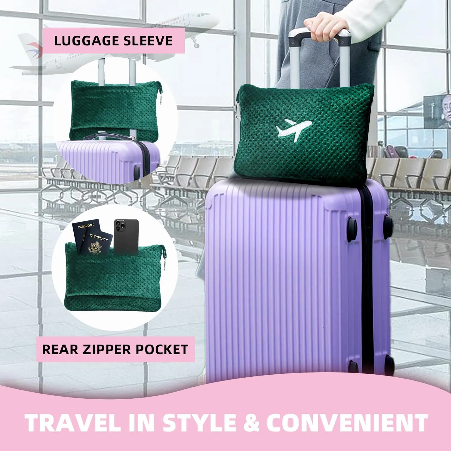 3 in 1 Travel Blanket Pillow Set - 350 GSM Thick Travel Blanket Airplane Compact with Bag, Soft Bag with a Pocket, Inflatable Travel Pillow for Camping & Car Trip (Dark Green)