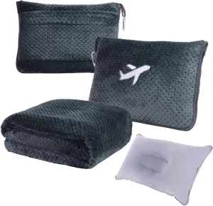 3 in 1 Travel Blanket Pillow Set - 350 GSM Thick Travel Blanket Airplane Compact with Bag, Soft Bag with a Pocket, Inflatable Travel Pillow for Camping & Car Trip (Dark Grey)