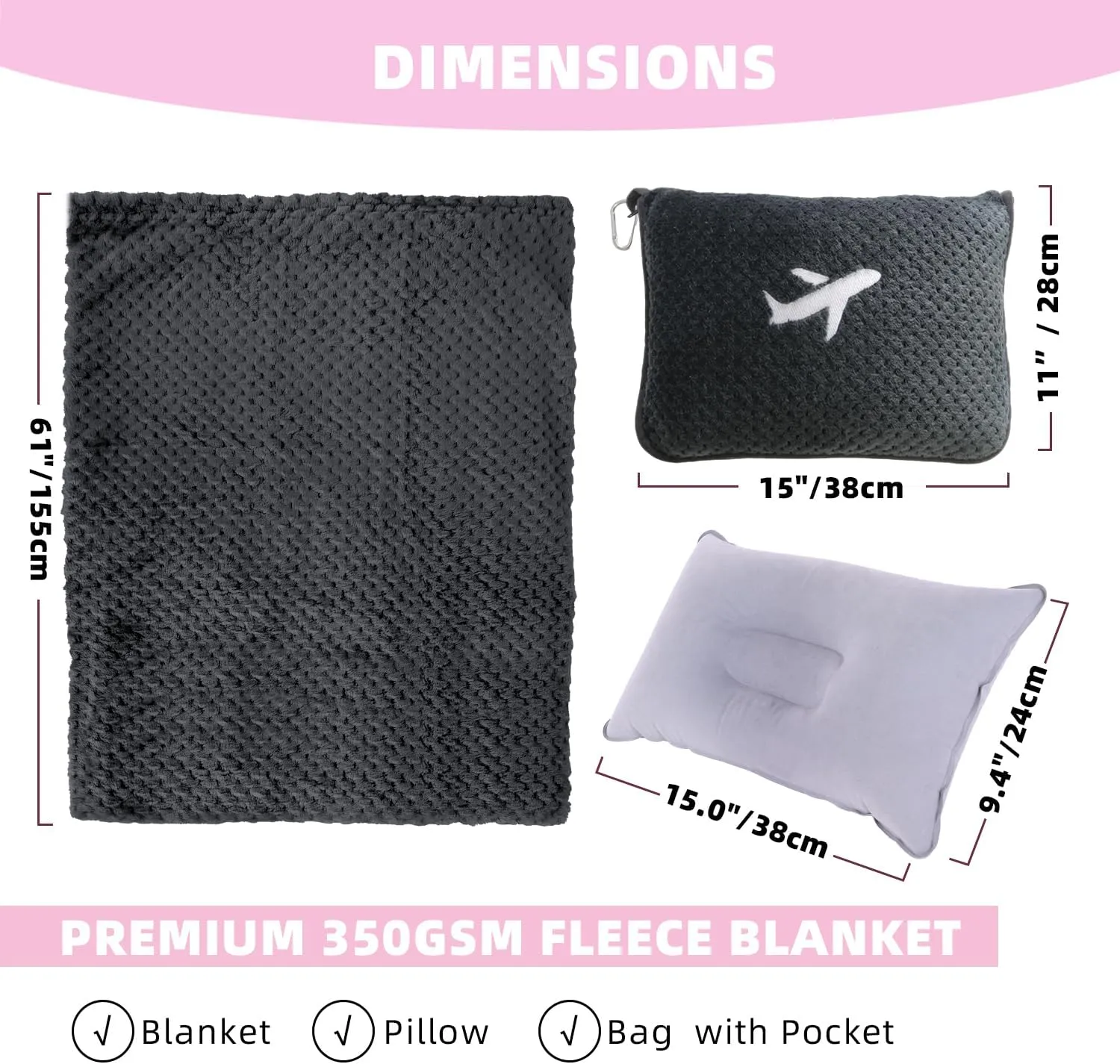 3 in 1 Travel Blanket Pillow Set - 350 GSM Thick Travel Blanket Airplane Compact with Bag, Soft Bag with a Pocket, Inflatable Travel Pillow for Camping & Car Trip (Dark Grey)