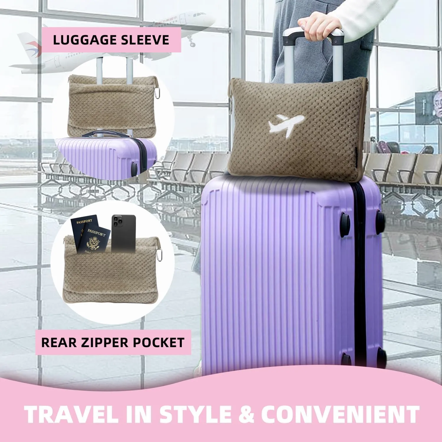 3 in 1 Travel Blanket Pillow Set - 350 GSM Thick Travel Blanket Airplane Compact with Bag, Soft Bag with a Pocket, Inflatable Travel Pillow for Camping & Car Trip (Light Coffee)