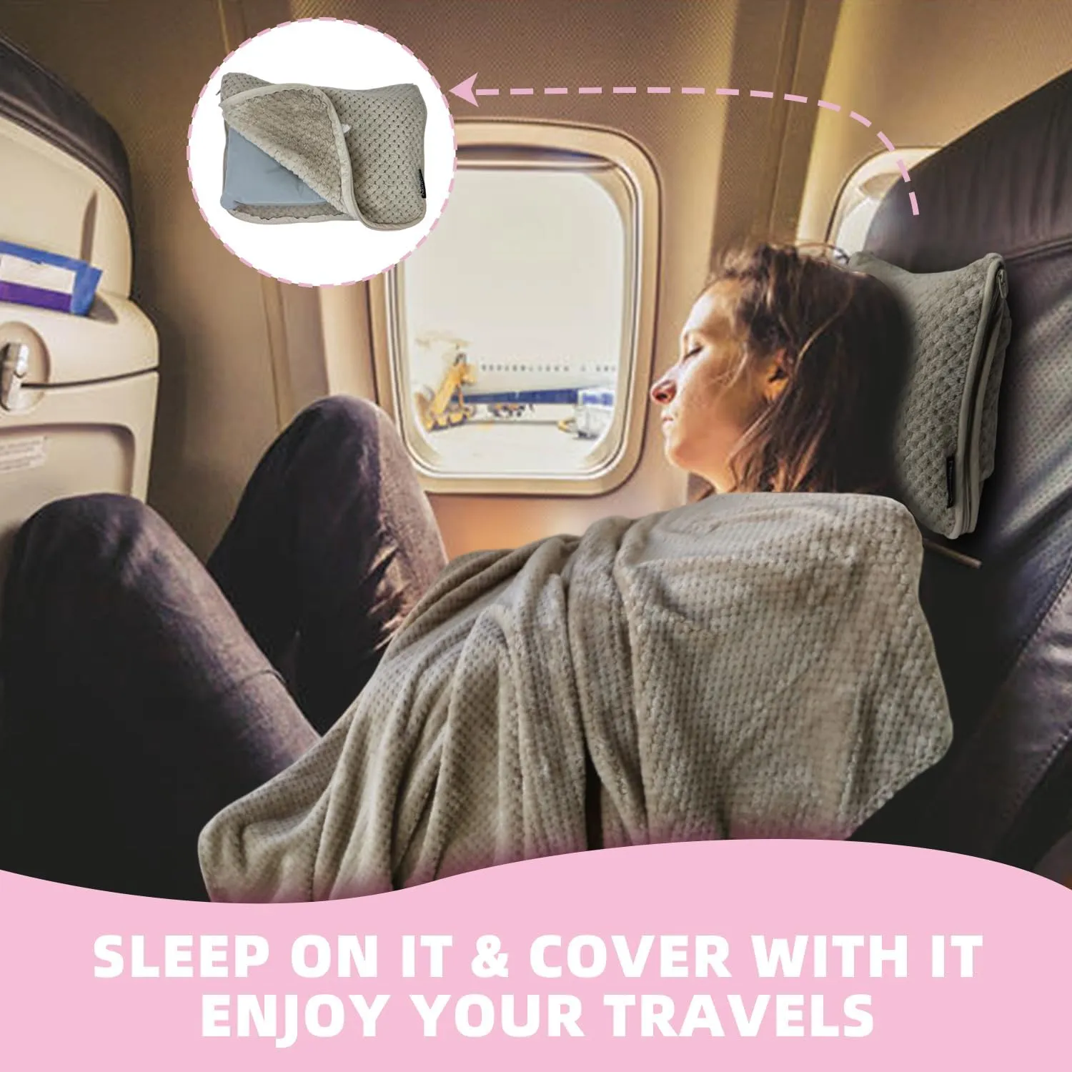 3 in 1 Travel Blanket Pillow Set - 350 GSM Thick Travel Blanket Airplane Compact with Bag, Soft Bag with a Pocket, Inflatable Travel Pillow for Camping & Car Trip (Light Coffee)