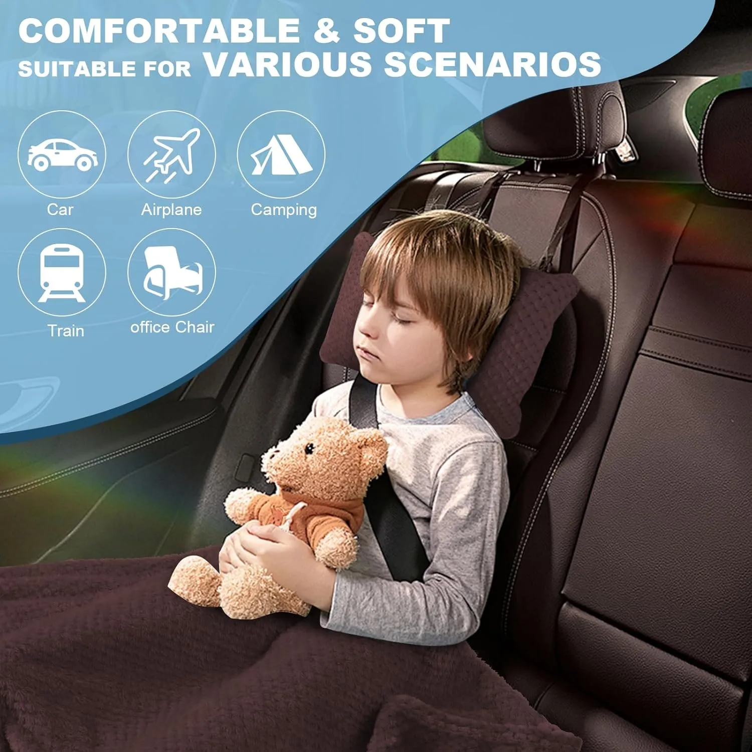 3 in 1 Travel Pillow and Blanket Set - 280 GSM Travel Blanket Airplane Compact with Bag, Inflatable Travel Pillow, Packable Airplane Blanket, Luggage Sleeve & Backpack Clip (Coffee)
