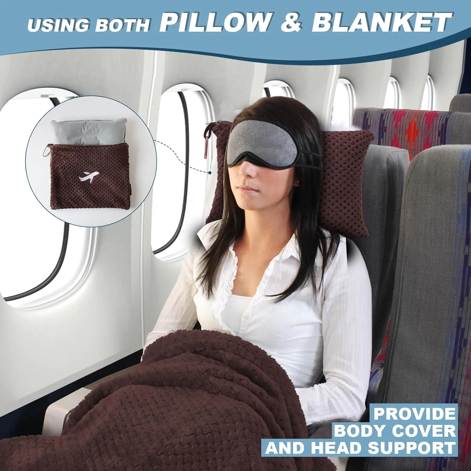 3 in 1 Travel Pillow and Blanket Set - 280 GSM Travel Blanket Airplane Compact with Bag, Inflatable Travel Pillow, Packable Airplane Blanket, Luggage Sleeve & Backpack Clip (Coffee)