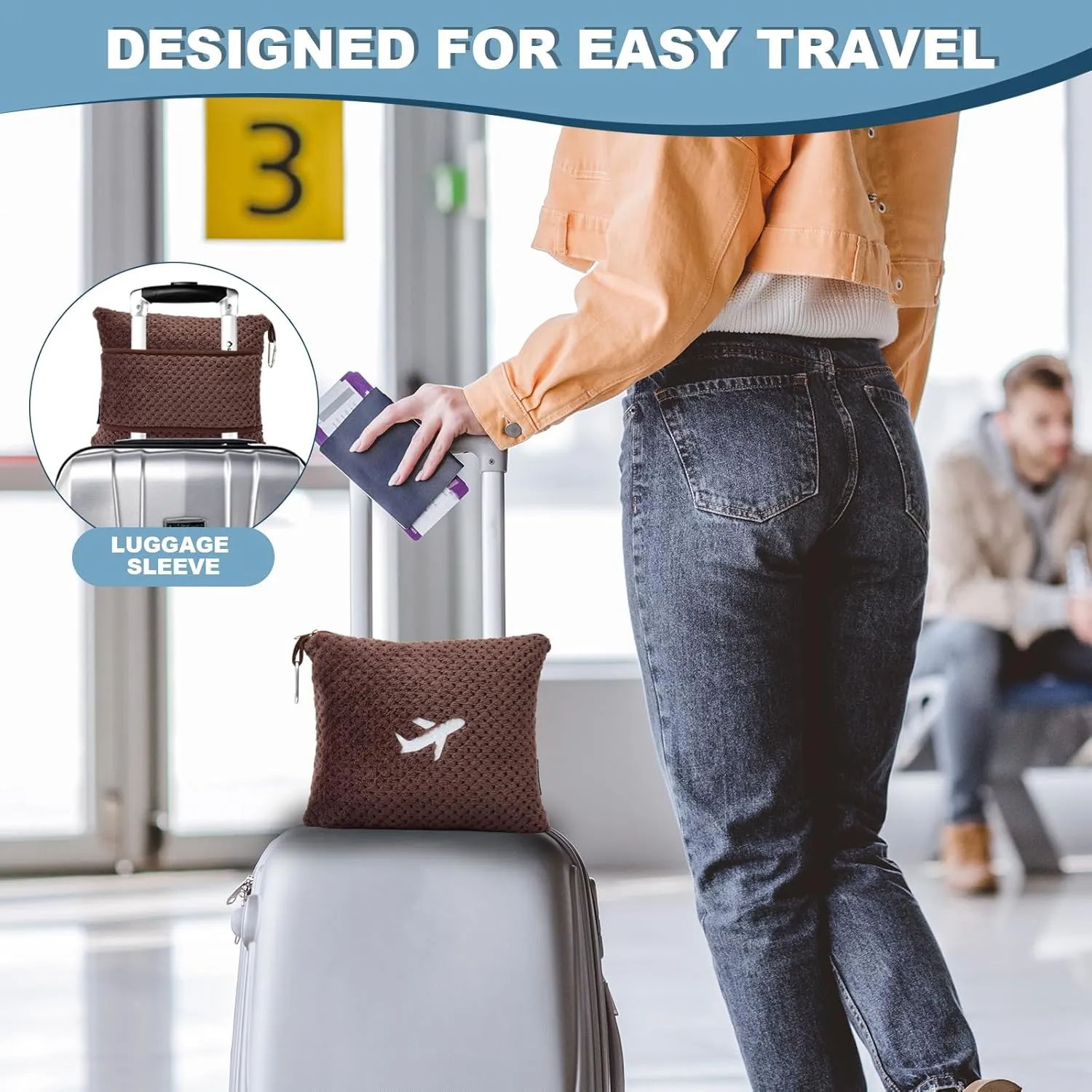 3 in 1 Travel Pillow and Blanket Set - 280 GSM Travel Blanket Airplane Compact with Bag, Inflatable Travel Pillow, Packable Airplane Blanket, Luggage Sleeve & Backpack Clip (Coffee)