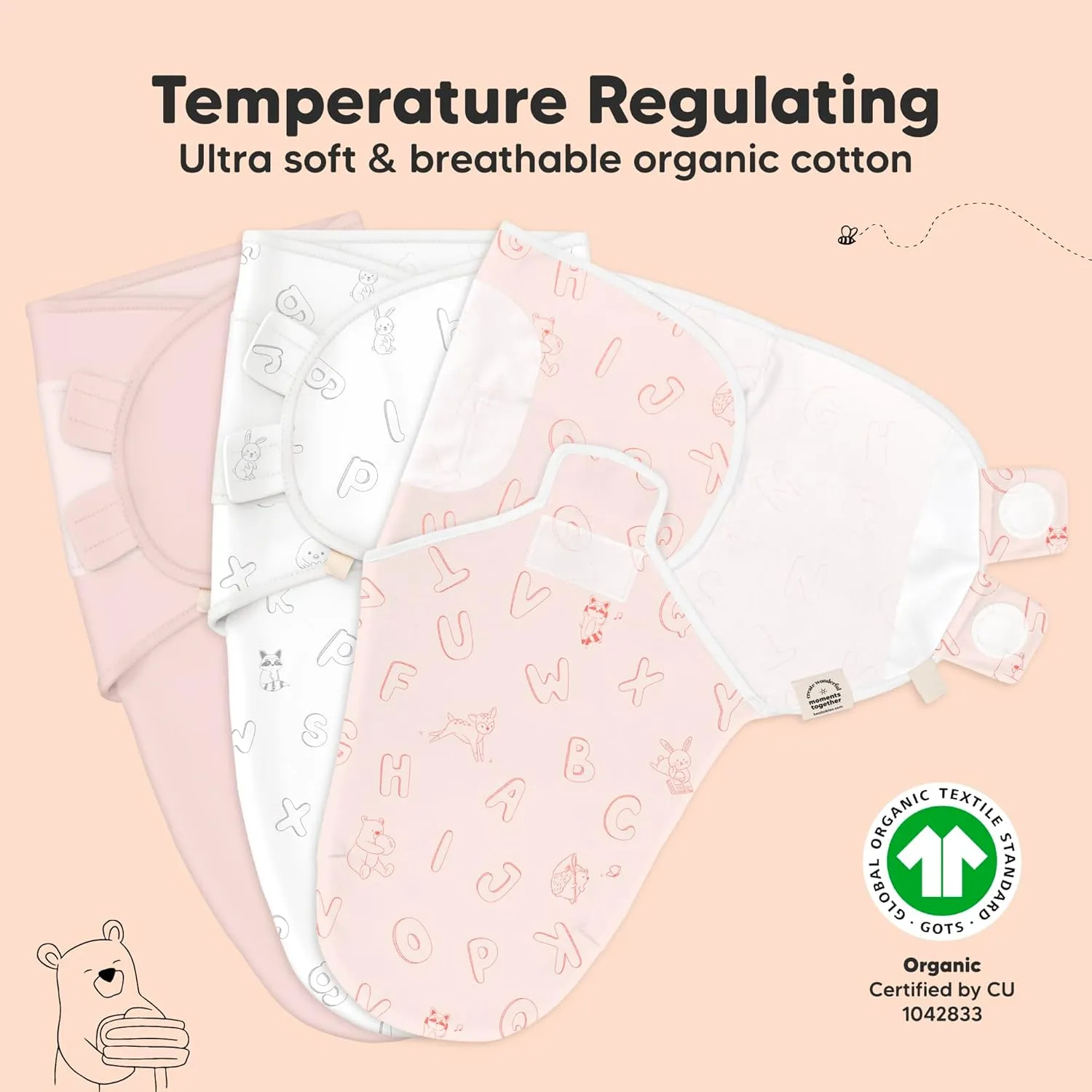 3-Pack Organic Baby Swaddle Sleep Sacks - Swaddles for Newborns, Infant 0-3 Months, Baby Girls, Boys, Soft & Snug Newborn Sleep Sack, Nursery Swaddling Blankets (ABC Land Rose)