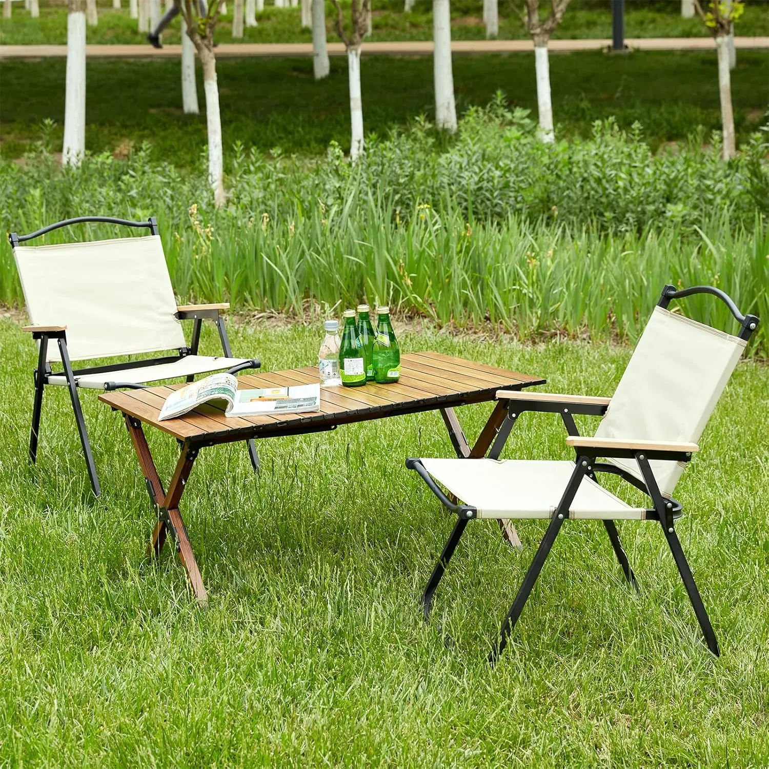 3-Piece Folding Outdoor Table and Chairs Set, Lightweight Aluminum Roll-Up Square Table with Durable Steel Frame Chairs, Easy to Assemble and Portable, Ideal for Camping, Picnics Patio, Brown