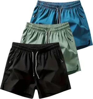 3 Set Men's Workout Athletic Shorts Lightweight Moisture Wicking 3" Running Shorts with Zipper Pockets Gym Beach
