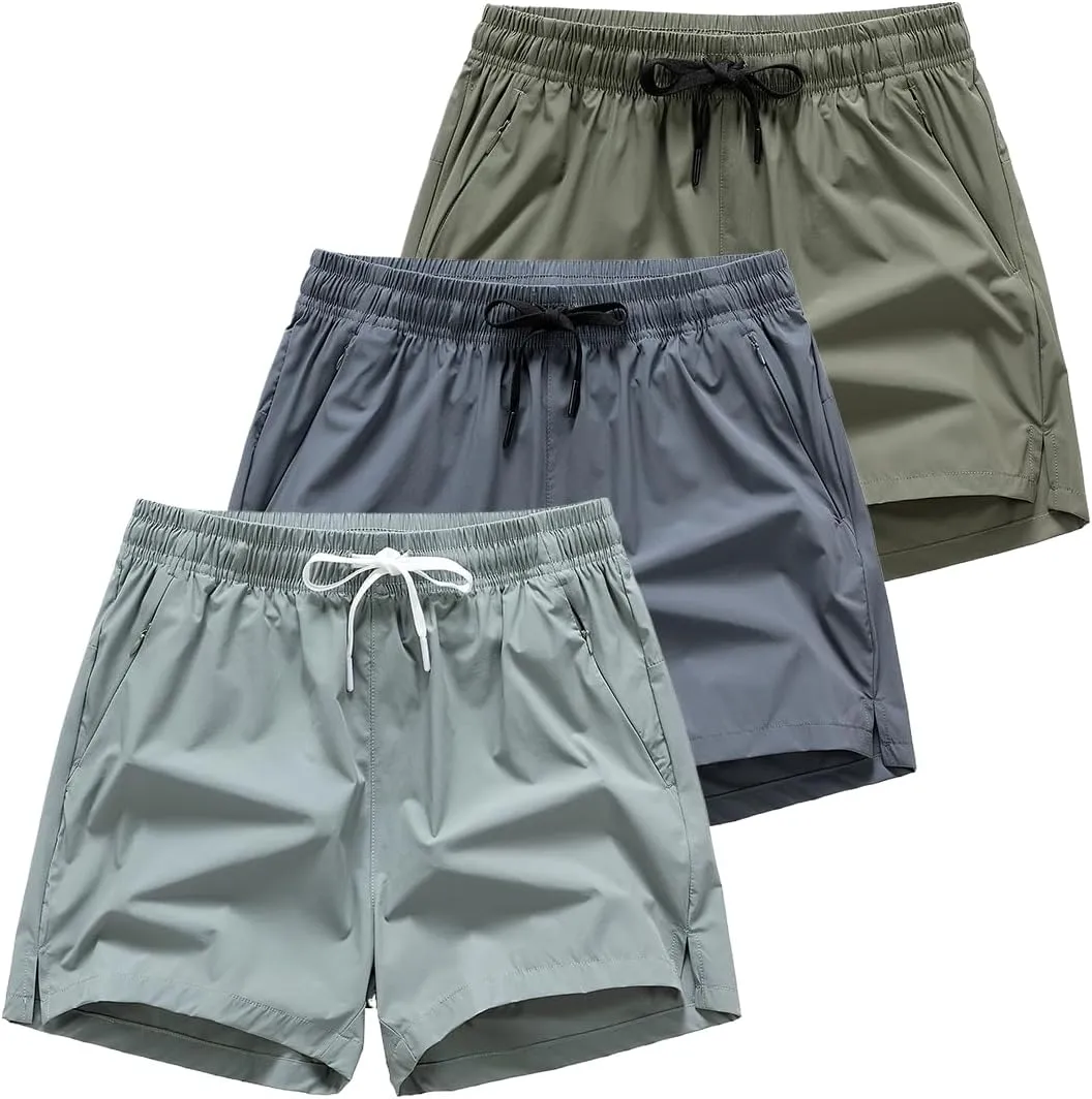 3 Set Men's Workout Athletic Shorts Lightweight Moisture Wicking 3" Running Shorts with Zipper Pockets Gym Beach