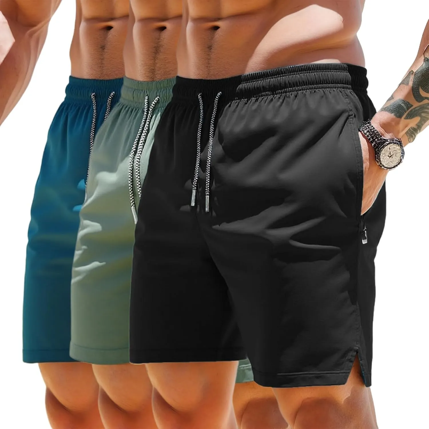 3 Set Men's Workout Athletic Shorts Lightweight Moisture Wicking 3" Running Shorts with Zipper Pockets Gym Beach