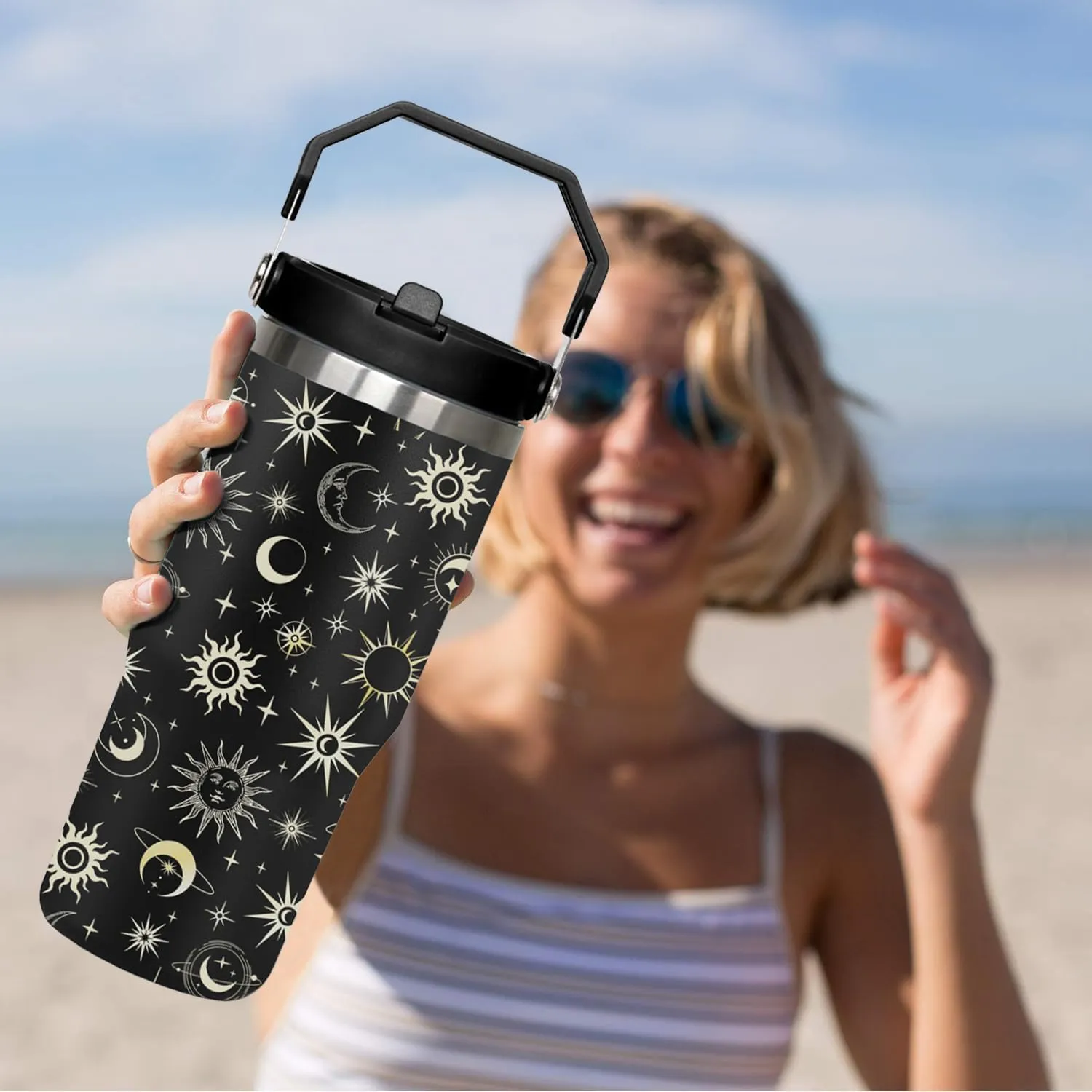 30 oz Goth Moon flip straw tumbler with Handle Lid and Straw, Sun and Moon Cup Gothic Witch Coffee Travel Mug Cup,Astrology Witchy Gifts for Women, Goth Halloween Decor Witch Stuff for Women