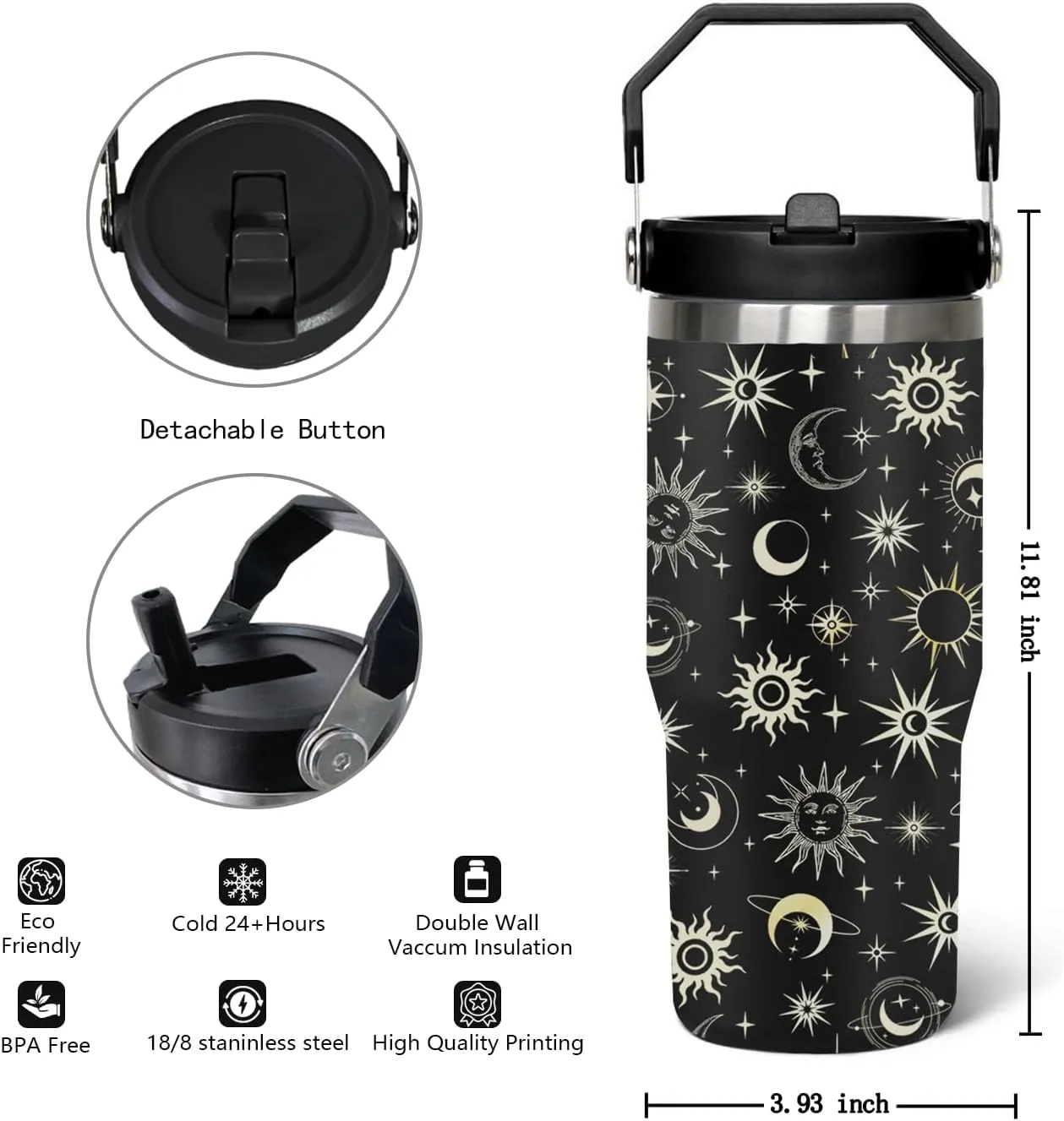 30 oz Goth Moon flip straw tumbler with Handle Lid and Straw, Sun and Moon Cup Gothic Witch Coffee Travel Mug Cup,Astrology Witchy Gifts for Women, Goth Halloween Decor Witch Stuff for Women