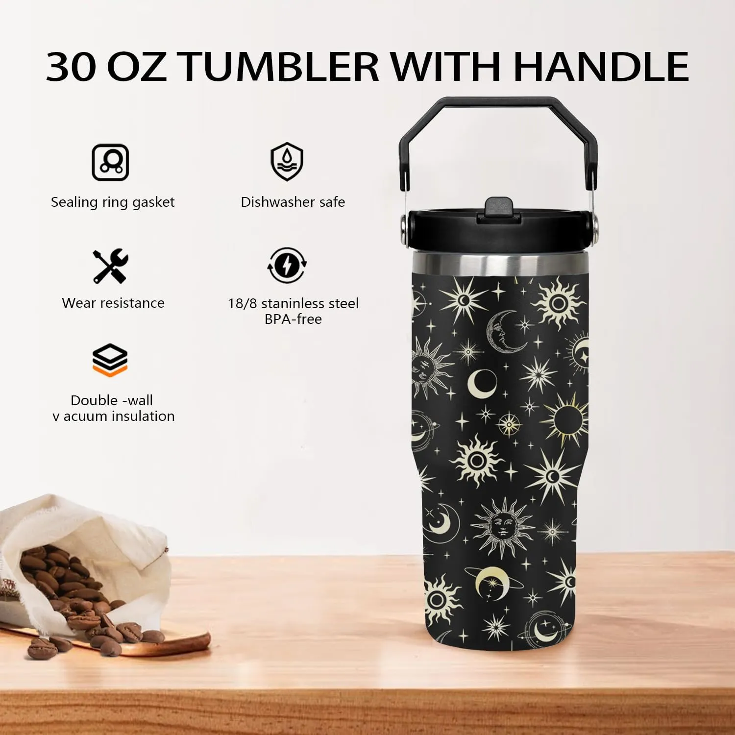 30 oz Goth Moon flip straw tumbler with Handle Lid and Straw, Sun and Moon Cup Gothic Witch Coffee Travel Mug Cup,Astrology Witchy Gifts for Women, Goth Halloween Decor Witch Stuff for Women