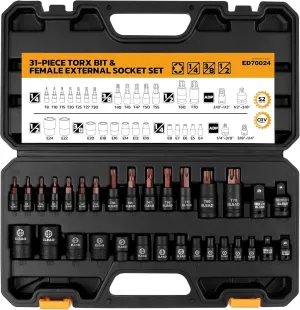 31-Piece Torx Bit Socket Set: Premium CR-V & S2 Alloy Steel, Star T8-T70 & E-Torx E4-E24, High Torque Laser Marked for Automotive Mechanic