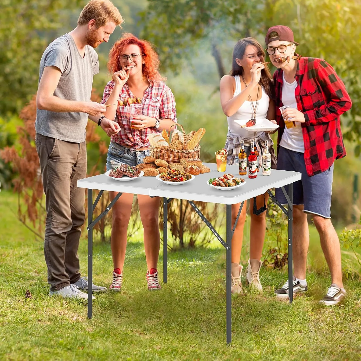 34" Square Plastic Folding Card Table, Portable Outdoor Dining Table with Collapsible Legs and Carrying Handle, Plastic Tables for Camping, Picnic, Office, Party, White