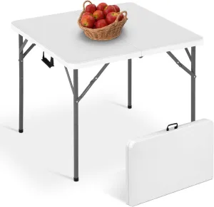 34" Square Plastic Folding Card Table, Portable Outdoor Dining Table with Collapsible Legs and Carrying Handle, Plastic Tables for Camping, Picnic, Office, Party, White