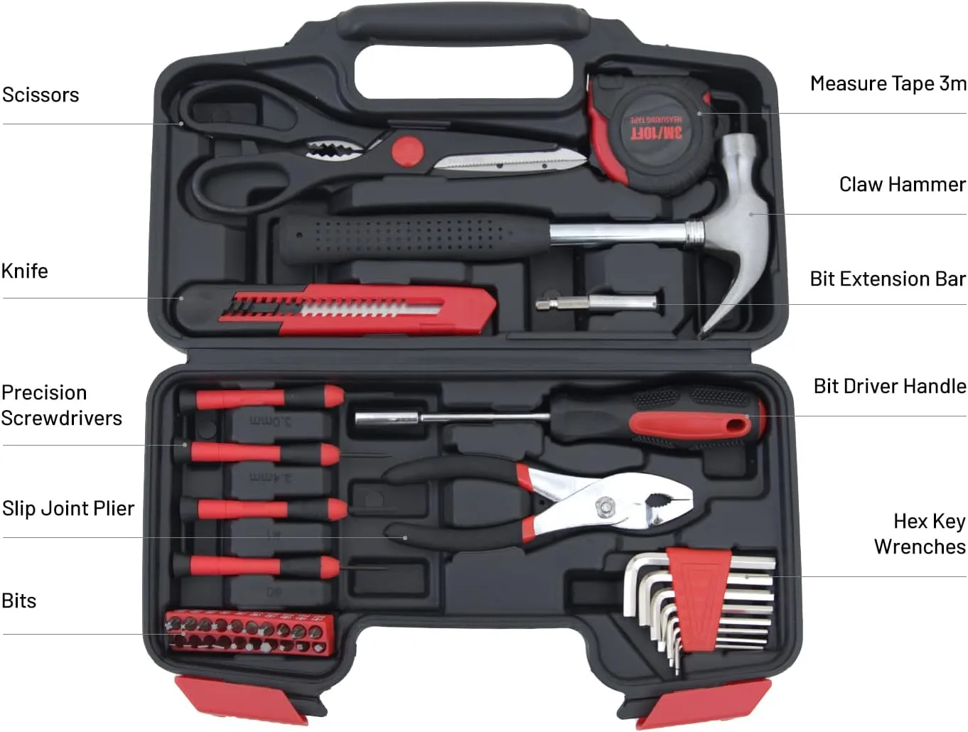 39-Piece Household Tools Kit - Comprehensive and Essential Repair Set Tools for College Students, Home Use & More (39p-red)