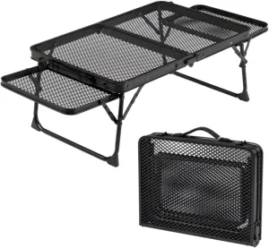 3ft Black Outdoor Folding Table Aluminum Frame Iron Grid Top Rectangular Small Side Tables on Both Sides