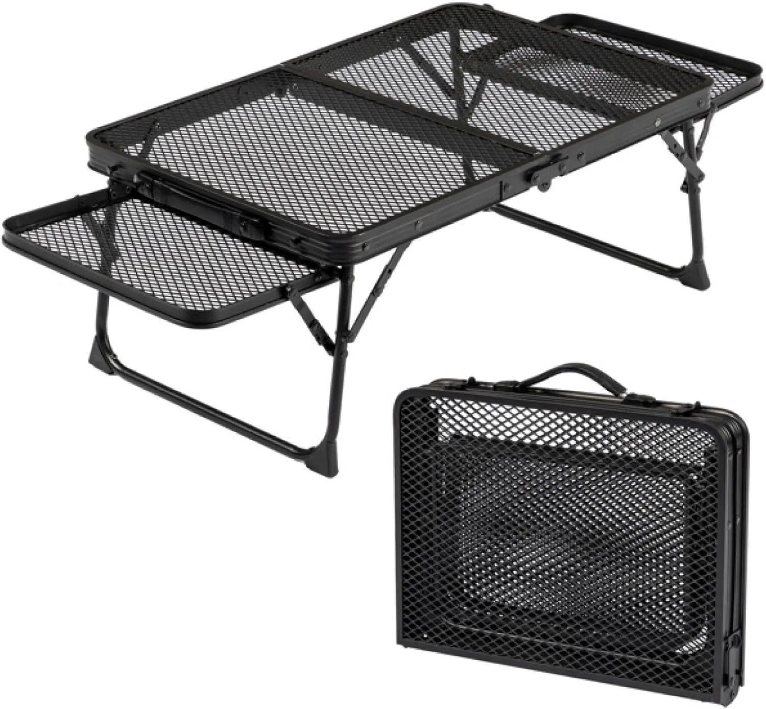 3ft Black Outdoor Folding Table Aluminum Frame Iron Grid Top Rectangular Small Side Tables on Both Sides