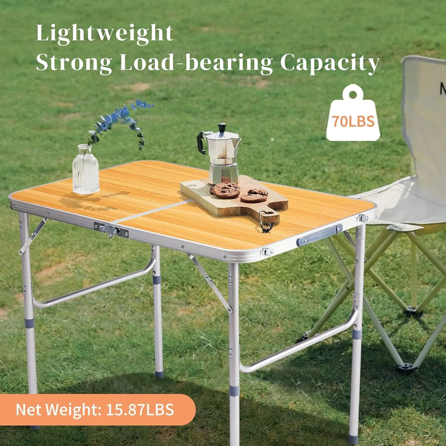 3ft Outdoor Folding Table, Portable Rectangular Dining Tables with Ergonomic Carry Handle, Aluminum Alloy Multipurpose Beach Tables for Patio Party, Load Bearing Capacity 70LBS (Wood Grain Color)