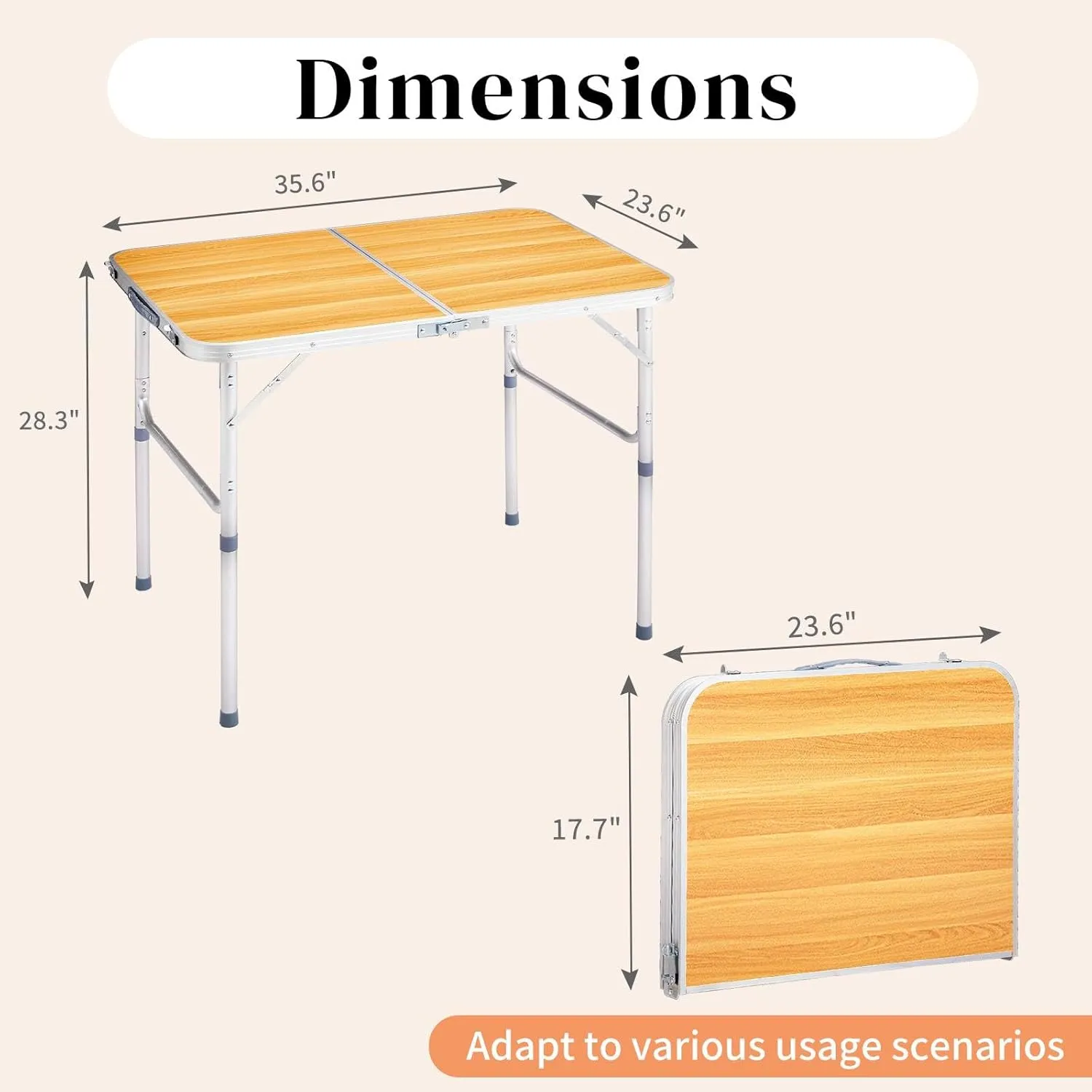 3ft Outdoor Folding Table, Portable Rectangular Dining Tables with Ergonomic Carry Handle, Aluminum Alloy Multipurpose Beach Tables for Patio Party, Load Bearing Capacity 70LBS (Wood Grain Color)