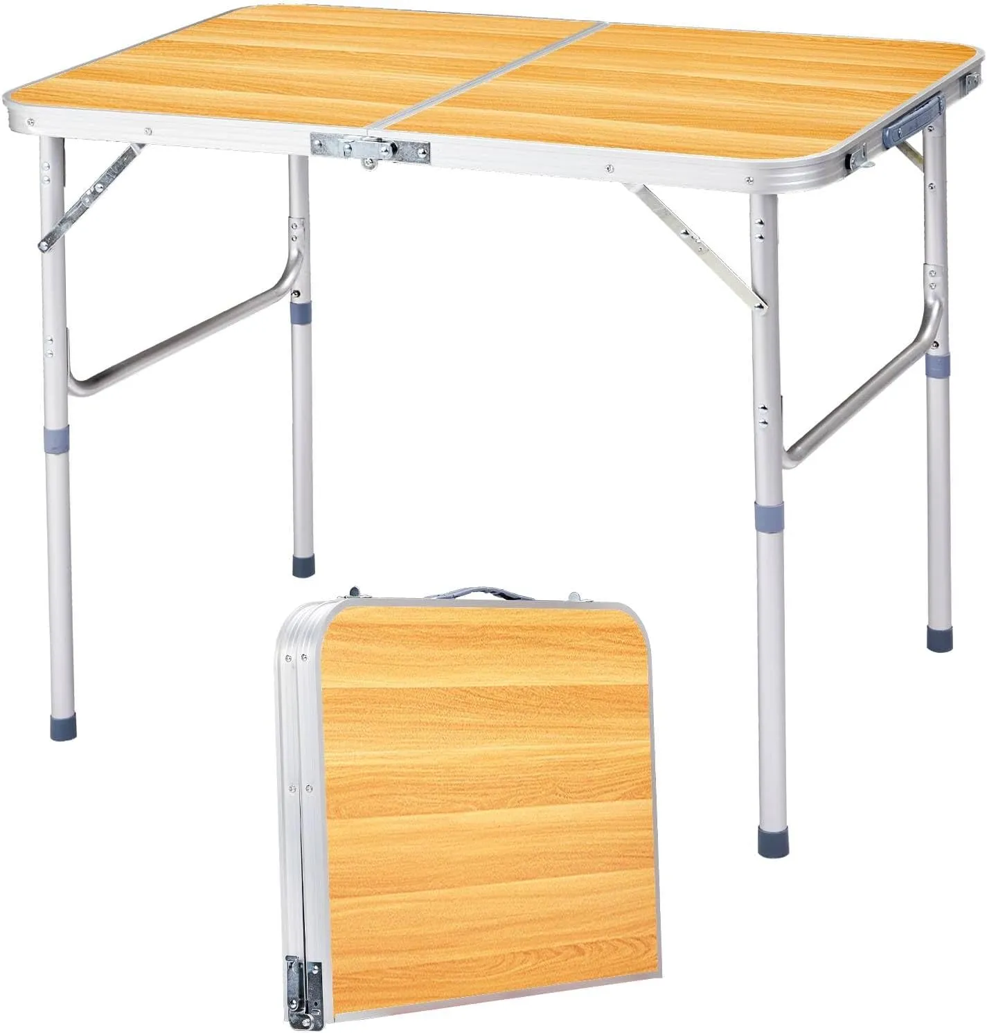 3ft Outdoor Folding Table, Portable Rectangular Dining Tables with Ergonomic Carry Handle, Aluminum Alloy Multipurpose Beach Tables for Patio Party, Load Bearing Capacity 70LBS (Wood Grain Color)